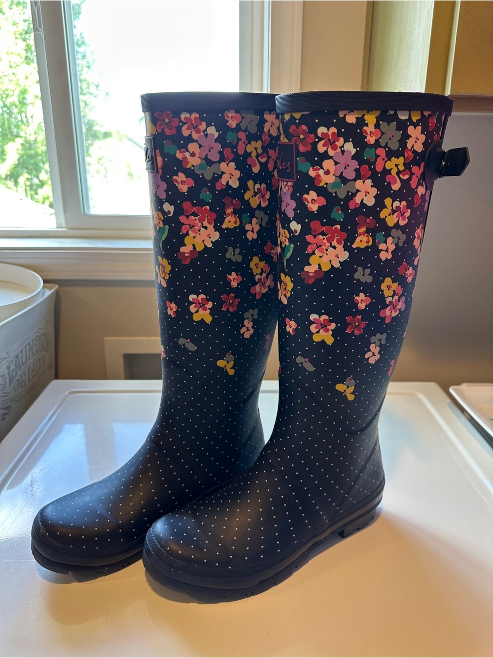 Joules Navy Floral & White Polka Dot Tall Rain Boots - Picture 8 of 11